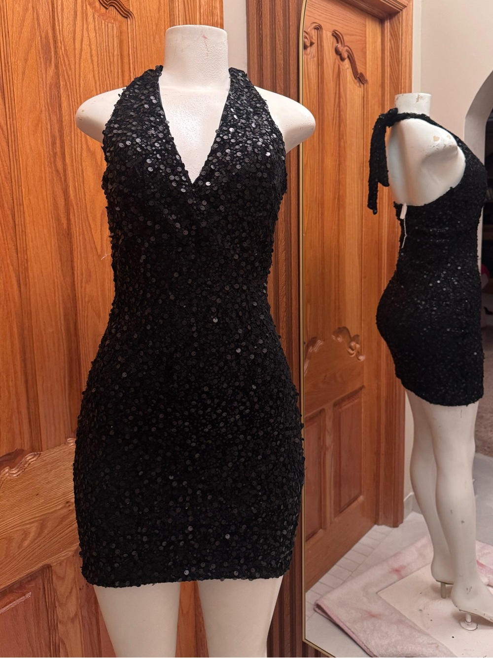 dillards black sequin halter dress